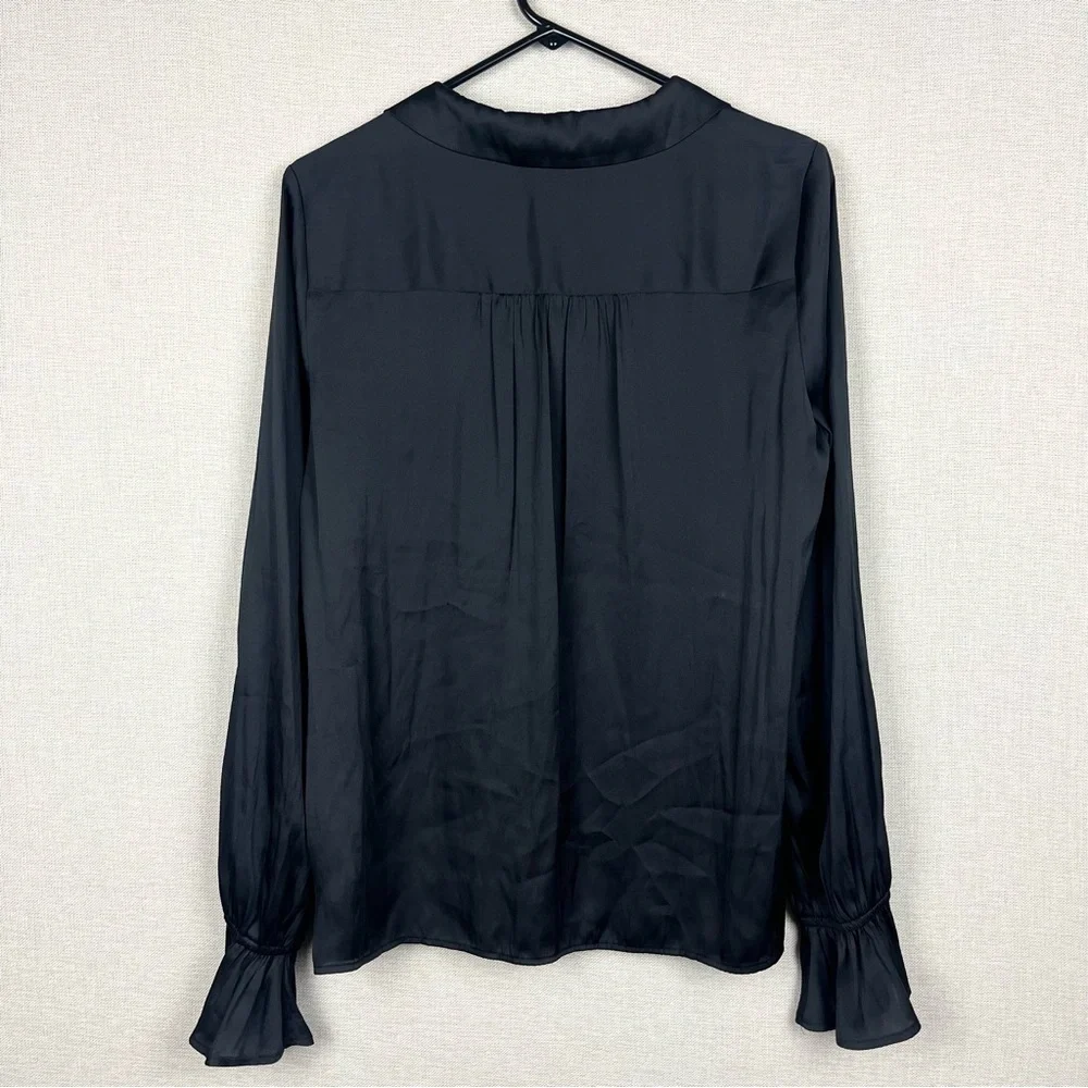 PAIGE Resa Black V-Neck Long Bell Sleeve Satin Blouse Top Medium
